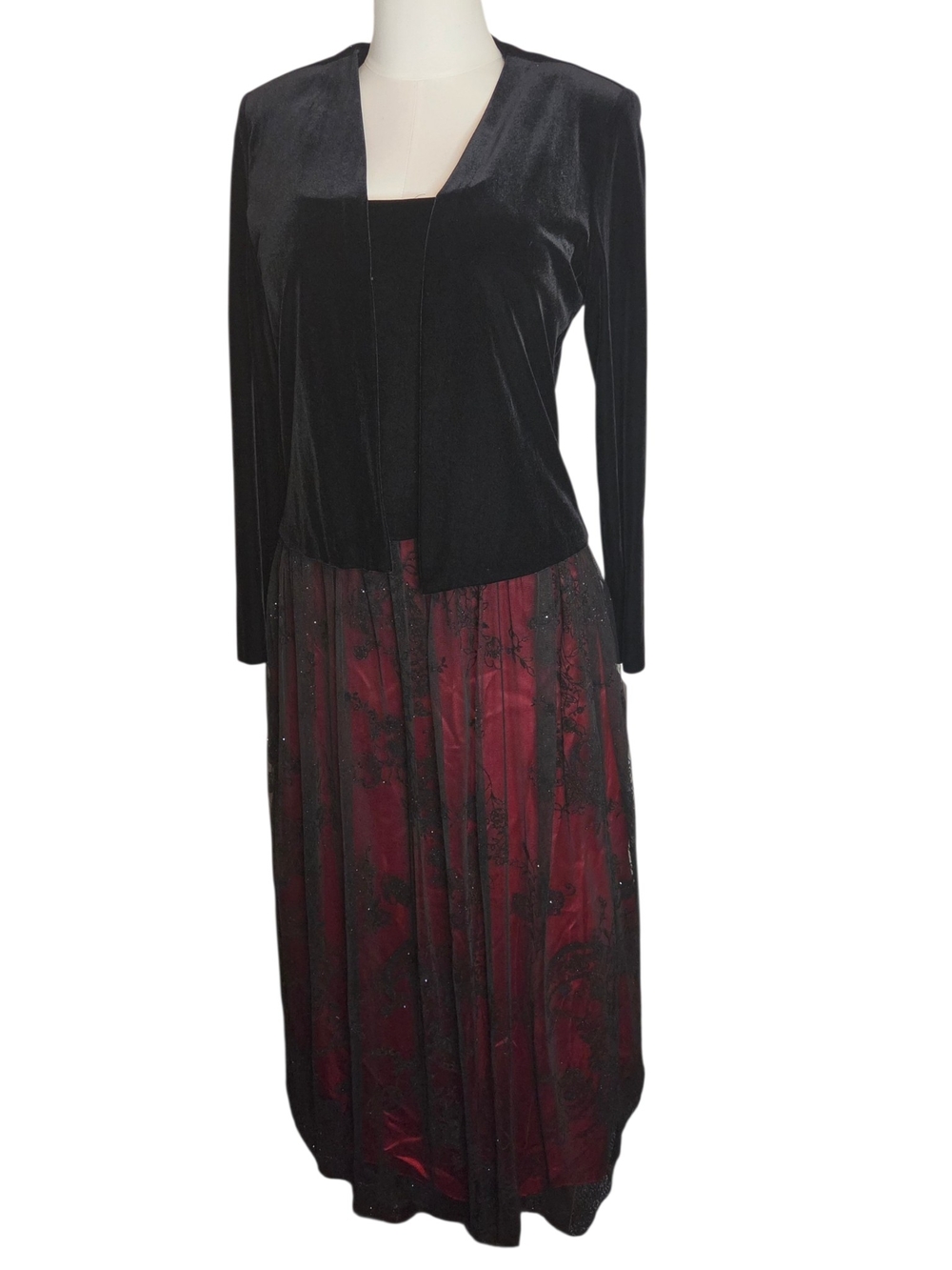 Patra Black Velvet Jacket with Red Patterned Skirt Evening Dress(size 10)
